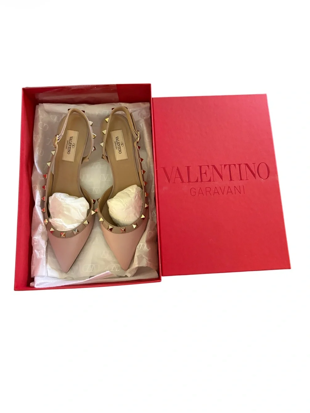 Valentino Pink Leather Rockstud Pointed Flats with Gold Studs